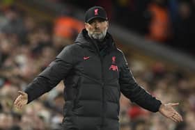 Liverpool's German manager Jurgen Klopp reacts during the English Premier League football match between Liverpool and Leeds United at Anfield in Liverpool, north west England on October 29, 2022.  (Photo by OLI SCARFF/AFP via Getty Images)