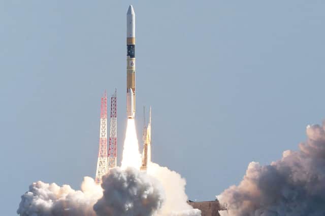 A H-IIA rocket carrying a small lunar surface probe and other objects lifts off from the Tanegashima Space Centre on Tanegashima island, Kagoshima on September 7, 2023.  (Photo by JIJI Press / AFP via Getty Images)