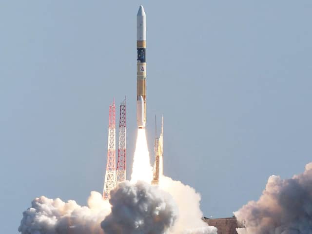 A H-IIA rocket carrying a small lunar surface probe and other objects lifts off from the Tanegashima Space Centre on Tanegashima island, Kagoshima on September 7, 2023.  (Photo by JIJI Press / AFP via Getty Images)