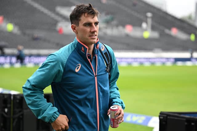 Australia's Pat Cummins arrives as rain delays the start of play on day five of the fourth Ashes cricket Test match between England and Australia at Old Trafford cricket ground in Manchester (Picture: OLI SCARFF/AFP via Getty Images)