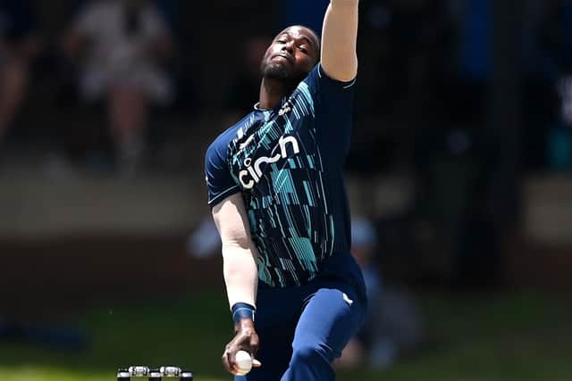 Welcome back: Jofra Archer bowls on his return to England colours after a near two-year lay-off through injury. Photo by Alex Davidson/Getty Images.