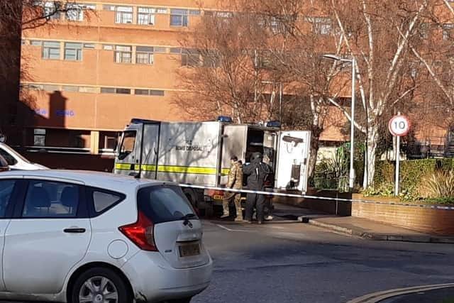 A man has been arrested after counter terrorism police were alerted to a ‘suspicious package’ at St James's Hospital in Leeds. Pictured: The bomb disposal unit at the scene.