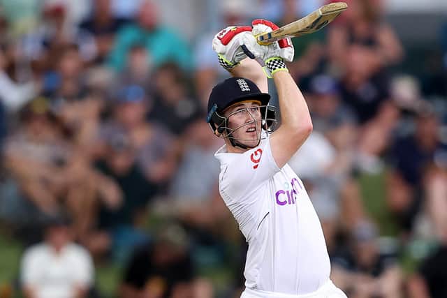 Take that: Harry Brook in action on day one of the first Test against New Zealand. Photo by Phil Walter/Getty Images.