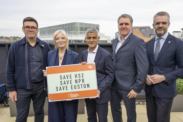 Labour mayors (left to right) Andy Burnham Mayor of Greater Manchester, Tracy Brabin Mayor of West Yorkshire, Sadiq Khan Mayor of London, Steve Rotheram Mayor of the Liverpool City Region and Oliver Coppard Mayor of South Yorkshire, gather at Arcadis in Leeds, to make a unified plea to the Prime Minister not to scale back HS2 any further.