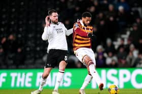 Bradford City striker Vadaine Oliver, pictured in EFL Trophy action at Derby County recently. He has joined up with League One high-fliers Stevenage on loan. Picture: Nick Potts/PA Wire.