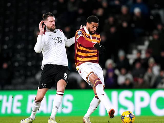 Bradford City striker Vadaine Oliver, pictured in EFL Trophy action at Derby County recently. He has joined up with League One high-fliers Stevenage on loan. Picture: Nick Potts/PA Wire.