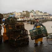 Fishermen clean and repair their lobster pots as they prepare for their next voyage to sea, on the South Pier of Bridlington Harbour fishing port in Bridlington. (Photo by OLI SCARFF / AFP) (Photo by OLI SCARFF/AFP via Getty Images)