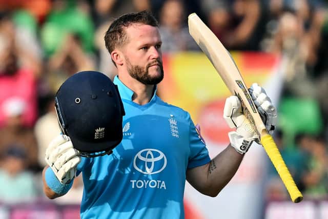 Ben Duckett acknowledges the applause for his century. The opener made 105 from 111 balls. Photo by ARIF ALI / AFP via Getty Images