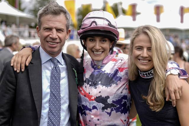 Roya Nikkhah (C) with Jamie Osborne (L) and Saffie Osborne (R) before The Markel Magnolia Cup at Goodwood Racecourse on August 04, 2023 in Chichester, England. (Picture: Alan Crowhurst/Getty Images)