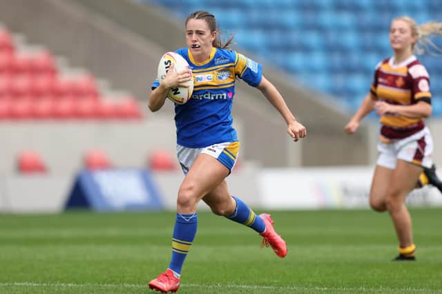 Fran Goldthorp races away to score for Leeds Rhinos. (Picture: John Clifton/SWpix.com)