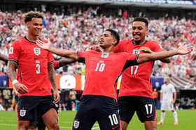 THAT@S FOR STARTERS: Jude Bellingham celebrates with team-mates after scoring England's first goal against Panama on Saturday night. Picture: AP/Steve Luciano.