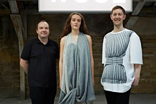 Matthew Cunnington, left, and John Sanderson (wearing the Pillow T-shirt) with Knot Dress worn by model Ellie Sutcliffe at Salts Mill. Photograph by Alex Baldea.