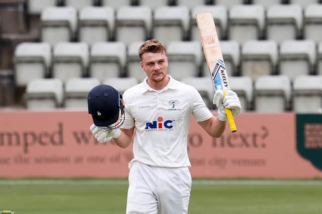 Finlay Bean celebrates his century for Yorkshire against Worcestershire (Picture: John Heald)