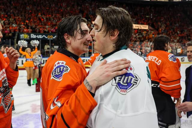 OH BROTHER: Brandon Whistle exchanges words with netminder brother, Jackson, after Sheffield Steelers' win over Belfast Giants Sunday’s EIHL Playoff Final in Nottingham   Photo by William Cherry/Presseye/EIHL Media.