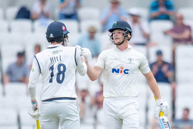 George Hill, left, and Fin Bean made centuries for Yorkshire on the first day at Headingley. Picture by Allan McKenzie/SWpix.com