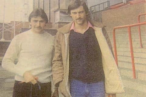 Rotherham United players Gerry Forrest and Ray Mountford at Millmoor in 1980, the season they trained at Wentworth Woodhouse