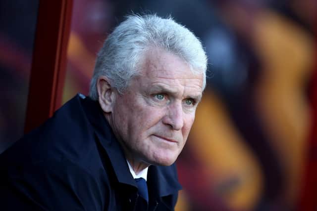 BRADFORD, ENGLAND - MARCH 19: Mark Hughes, Manager of Bradford City looks on prior to the Sky Bet League Two match between Bradford City and Port Vale at Utilita Energy Stadium on March 19, 2022 in Bradford, England. (Photo by George Wood/Getty Images)