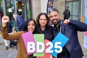 Councillor Fozia Shaheen, Adeeba Malik CBE and Raj Parmar celebrate Bradford's win