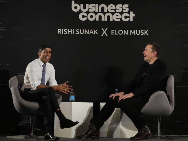 Prime Minister Rishi Sunak (left) and Elon Musk, CEO of Tesla and SpaceX in-conversation in central London, at the conclusion of the second day of the AI Safety Summit on the safe use of artificial intelligence. Picture: Kirsty Wigglesworth/PA Wire