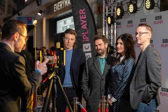 Andrew Buchan, Sam Vincent, Leila Farzad and Jonathan Brackley at the red carpet premiere event in Leeds. Credit: BBC.