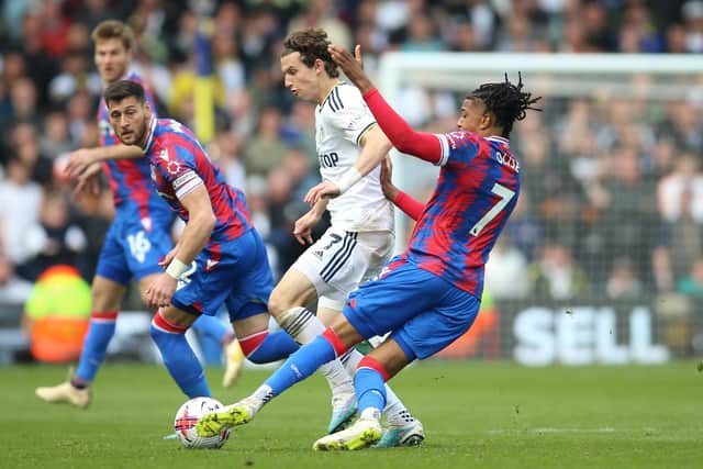 DECISIVE FIGURE: Leeds United’s Brenden Aaronson started the game confidently but it was Crystal Palace’s Michael Olise (No 7) who shaped it