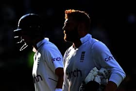 BIRMINGHAM, ENGLAND - JULY 04: England batsmen Jonny Bairstow (r) and Joe Root leave the field not out at the end of day four of the Fifth test match between England and India at Edgbaston on July 04, 2022 in Birmingham, England. (Photo by Stu Forster/Getty Images)