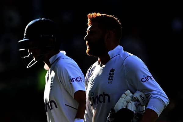 BIRMINGHAM, ENGLAND - JULY 04: England batsmen Jonny Bairstow (r) and Joe Root leave the field not out at the end of day four of the Fifth test match between England and India at Edgbaston on July 04, 2022 in Birmingham, England. (Photo by Stu Forster/Getty Images)