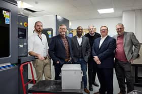 Rich Proctor (left) and Paul Howell of AME, Maurice Disasi of Mercia, Mike Kneafsey of AME, Sean Hutchinson from the British Business Bank and Ian Jones of AME. Picture: Shaun Flannery