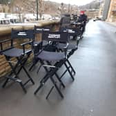 Chairs ready for Marvel's Secret Invasion filming at Dean Clough, Halifax.