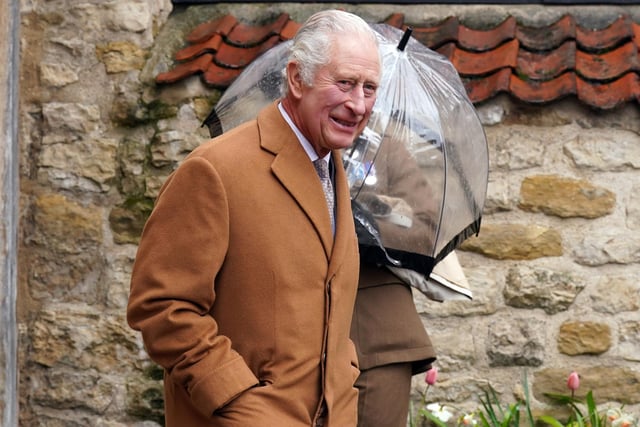 King Charles III arrives for a visit to Talbot Yard Food Court in Yorkersgate, Malton, North Yorkshire, to meet food and drink producers with shops and to hear more about their locally produced goods. Picture date: Wednesday April 5, 2023.
