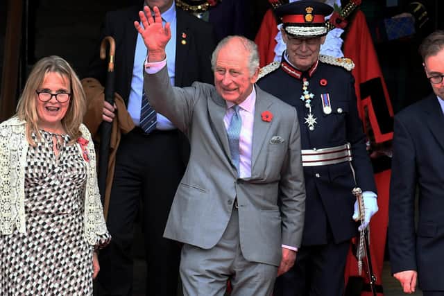 King Charles pictured on his visit to Centenary Square, Bradford. PIC: Simon Hulme