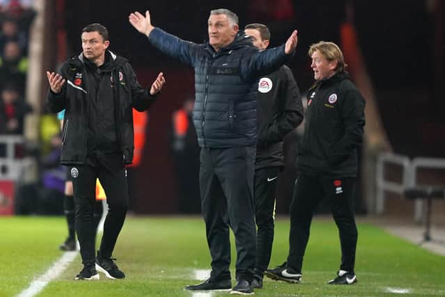 PRESSUE: Sheffield United manager Paul Heckingbottom, left with Sunderland manager Tony Mowbray and Blades assistant Stuart McCall