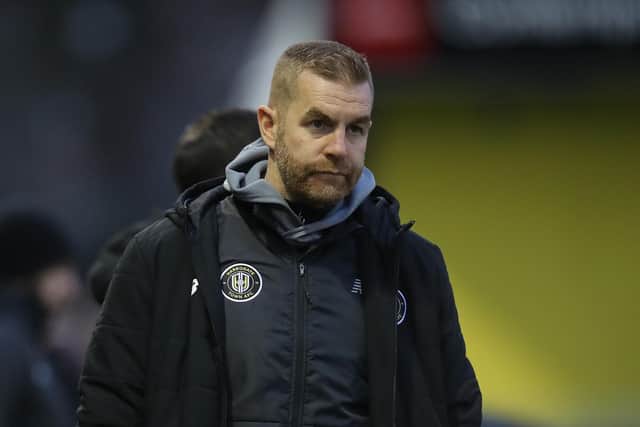 Harrogate Town manager Simon Weaver watched his side suffer late defeat against Salford. Picture: Pete Norton/Getty Images.