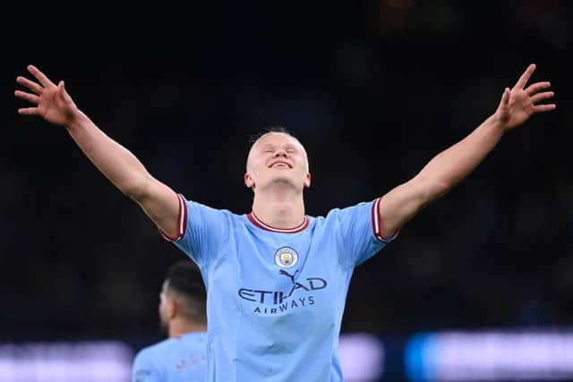 GOAL MACHINE: Manchester City striker Erling Haaland celebrates his record-breaking 35th Premier League goal of the season, against West Ham United this week