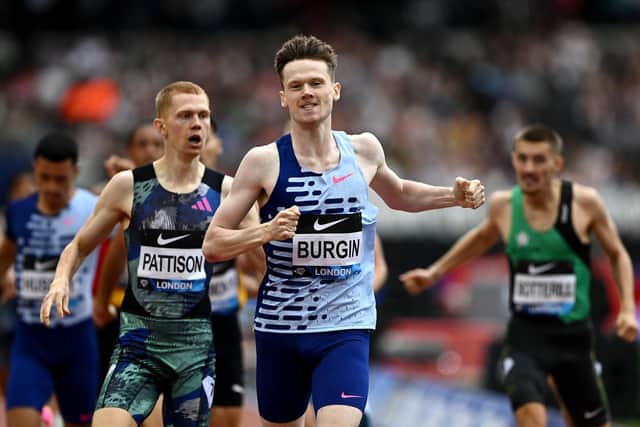Big win: Max Burgin of Team Great Britain reacts as he crosses the finish line to win the Men's 800 Metres final during the London Athletics Meet, part of the 2023 Diamond League series at London Stadium on July 23 (Picture: Mike Hewitt/Getty Images)