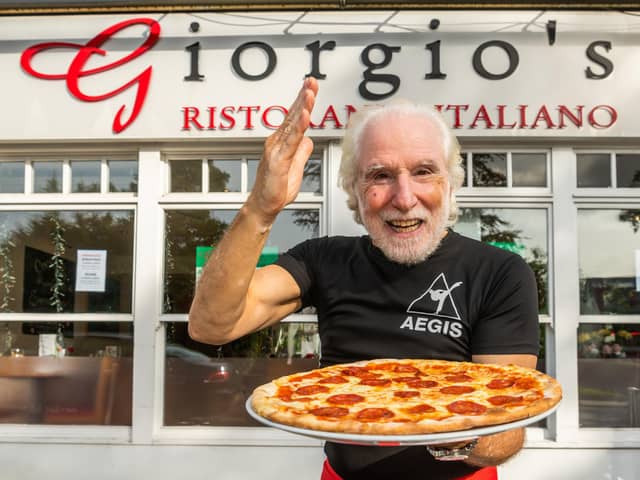George Psarias owner of Giorgio's Ristorante Italiano, in Headingley, Leeds, has at the grand age of 75 taken up Karate after his grandchildren started at the local club. George, has been taking part in lesson twice a week and has just earned his red belt.