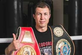 Sergiy Fedchenko with his former title belts. Picture supplied by Olga Fedchenko.
