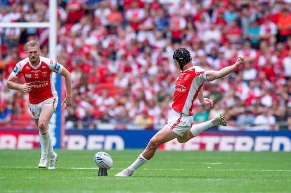 Brad Schneider kicks a penalty for Hull KR against Leigh in the Challenge Cup final at Wembley. Picture by Allan McKenzie/SWpix.com.