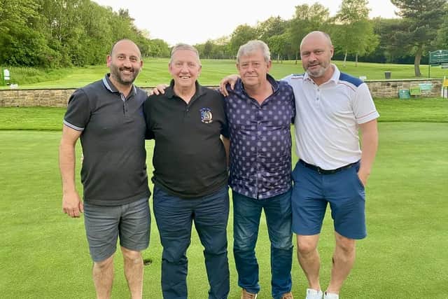Pictured at Hillsborough Golf Club: Carl Pagden, John Anderson, Kevin Goss and Matt Shaw. John suffered a massive heart attack on the fairway and his fellow golfers performed CPR before he was airlifted to hospital. His story features on the TV show Helicopter ER
