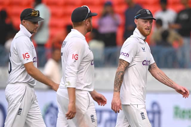 Chastening stuff. Joe Root, Jonny Bairstow and Ben Stokes leave the field at the end of the second day's play. Photo by Stu Forster/Getty Images.