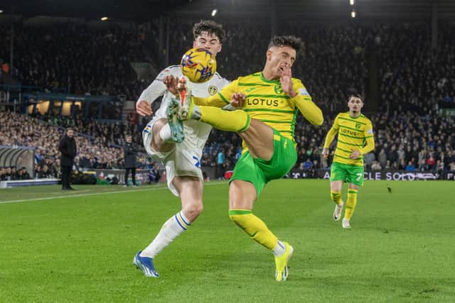 SKILL: Leeds United full-back Archie Gray flicks the ball over Dimitris Giannoulis