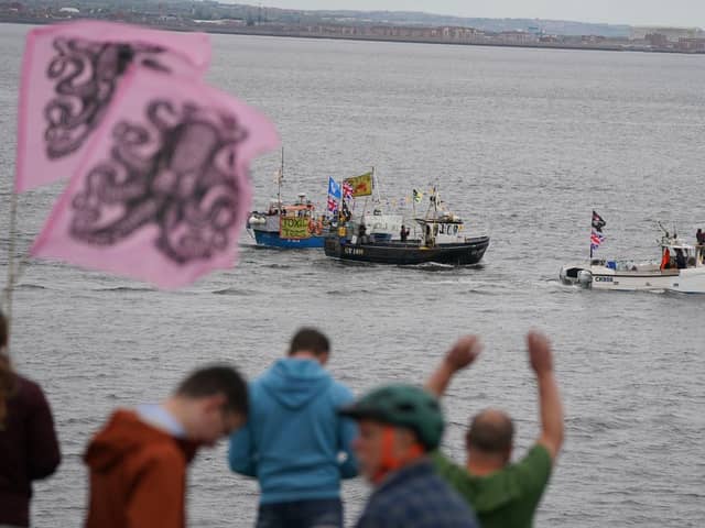 Fishing crews stage a protest in Teesport, Middlesbrough, near the mouth of the River Tees, last year, demanding a new investigation into the mass deaths of crabs and lobsters in the area. PIC: Owen Humphreys/PA Wire