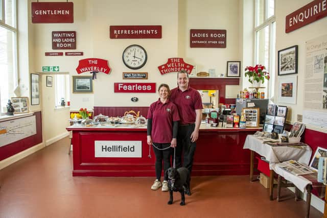 Stuart Dean with partner Gayle and their pet station dog Benji in the Shed 24H tearoom at Hellifield railway station