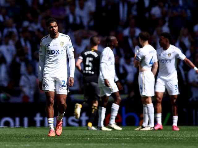 Leeds United's Georginio Rutter of Leeds United looks dejected after Southampton's Adam Armstrong scores in the Sky Bet Championship play-off final match at Wembley Stadium. Photo by Alex Pantling/Getty Images.