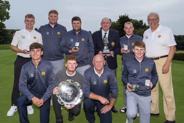 Sheffield after their win at Rotherham with the league and team championship trophies, plus George Ash, front row right, with his trophy for having the best 36-hole score. (Picture: Chris Stratford)