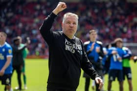 Peterborough United manager Darren Ferguson celebrates after finishing in the playoffs following victory at Oakwell (Picture: Ian Hodgson/PA Wire)