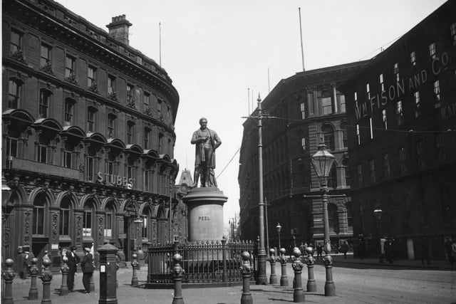 July 1921:  A statue of Conservative politician and Prime Minister Sir Robert Peel in the Yorkshire city of Bradford.
