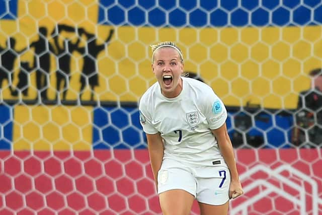 Beth Mead celebrates scoring against Sweden in the semi-final, one of six goals she scored at the European Championships (Picture: Getty Images)