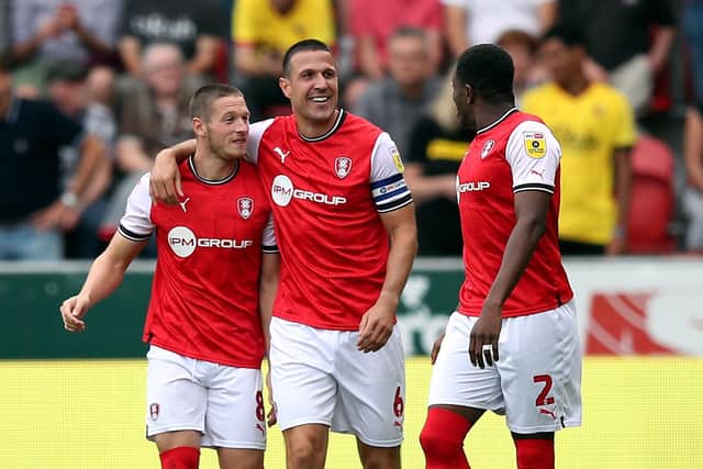 Rotherham United's Richard Wood (centre) celebrates scoring their side's first goal against Watford (Picture: PA)