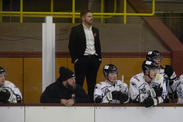 HEAD START: Hull Seahawks' head coach Matty Davies (centre), pictured during what turned out to be a testing debut NIHL National season. Picture courtesy of Tony King/Seahawks Media.